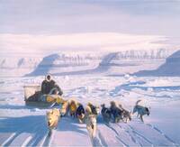 opera di Fracchetti Lorenzo che ritrae Inuit e cani da slitta sul ghiaccio artico
