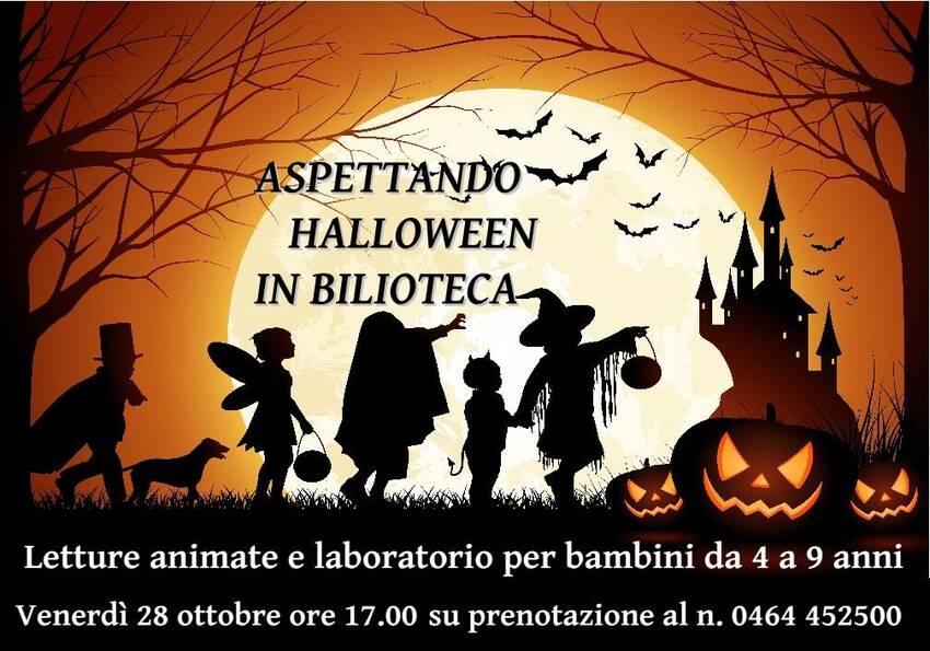 locandina dell'iniziativa con bambini mascherati e zucche locandina dell'iniziativa con bambini mascherati e zucche