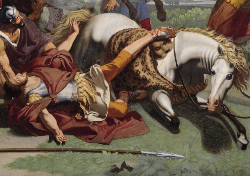 Dettaglio della copertina. Lancere a terra vicino ad un cavallo accasciato