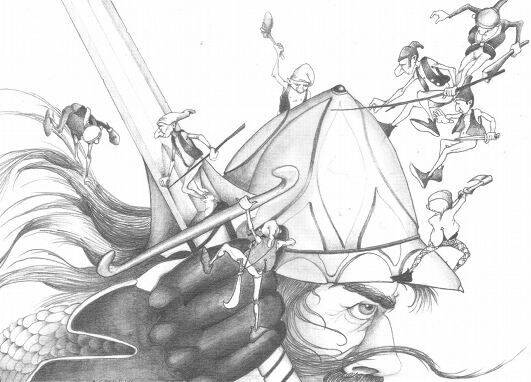 Disegno di guerriero che combatte con folletti