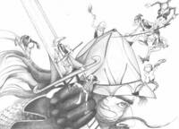 Disegno di guerriero che combatte con folletti