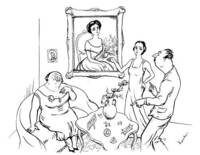 Illustrazione di Giuseppe Novello "Stazione d'arrivo. La fidanzata mostra al fidanzato il ritrattto della madre giovinetta"