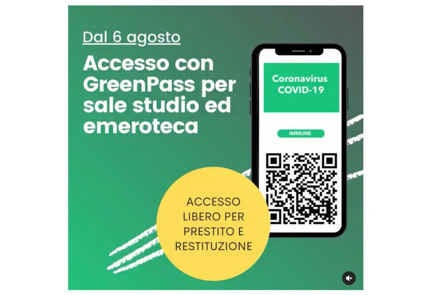 Logo GreenPass con indicazioni sull'uso degli spazi in biblioteca