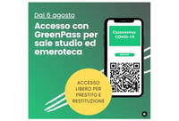 Logo GreenPass con indicazioni sull'uso degli spazi in biblioteca