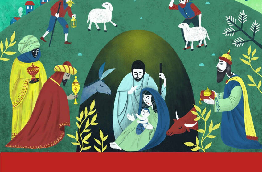 particolare della copertina del depliant "Natale dei popli" 2017 con presepe disegnato