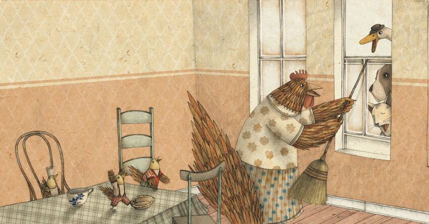 Scena domestica con galline e cani in cucina