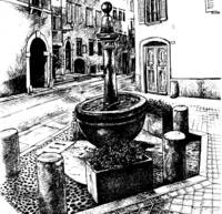 particolare di un disegno di Cesarini della fontana delle due spine