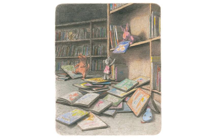 Immagine tratta dall'albo illustrato Una notte in biblioteca di Kazuhito Kazeki e Chiaki Okada, pubblicato nel 2022 da Kira Kira edizioni.