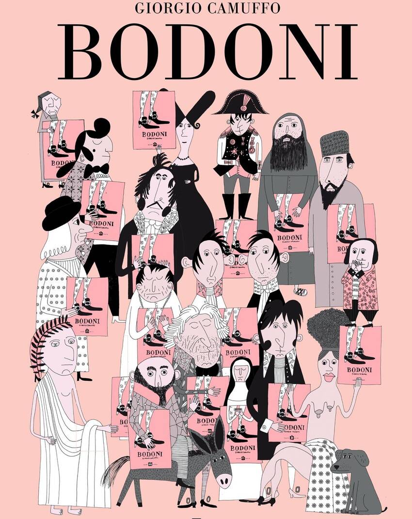 disegno di Camuffo con personaggi che tengono in mano il libro "Bodoni"