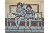 Bambine su una panca che leggono (dalla copertina del libro di Tommaso Catani "La signorina pantofola") 