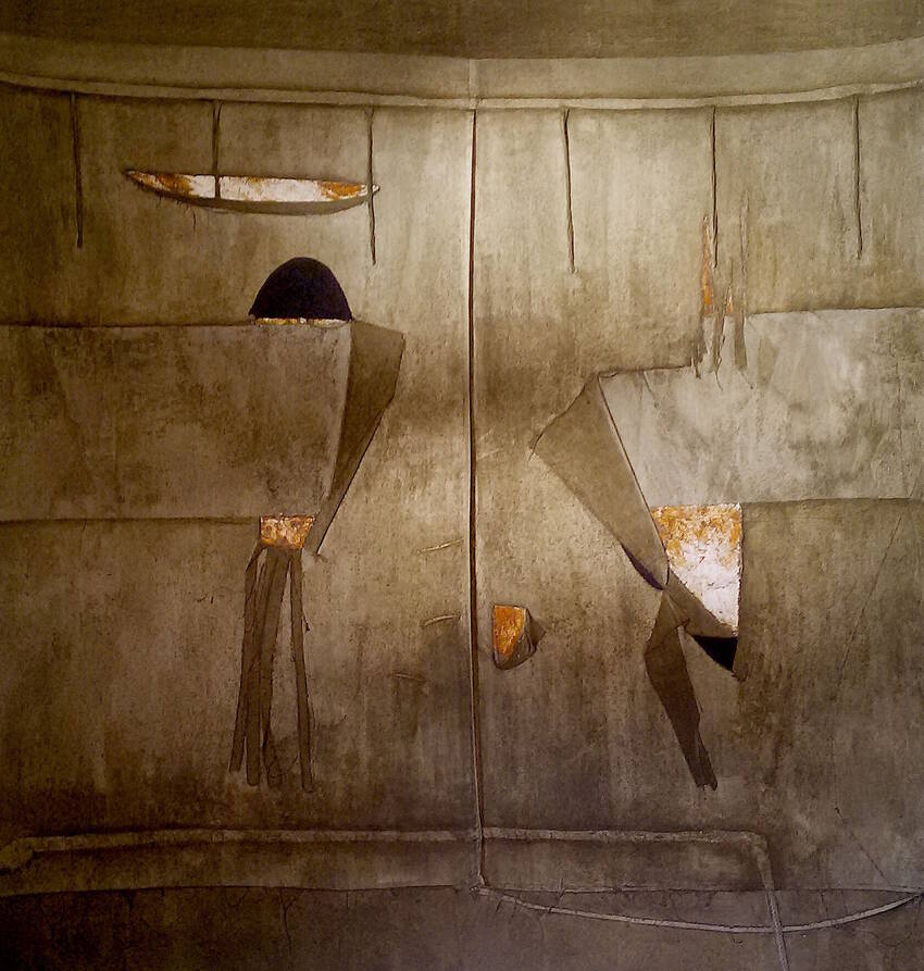 Senza Titolo, 2017, tecnica mista su tela (resina, terre, polvere di marmo e foglia argento vero ossidato) 106x98