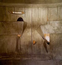 Senza Titolo, 2017, tecnica mista su tela (resina, terre, polvere di marmo e foglia argento vero ossidato) 106x98