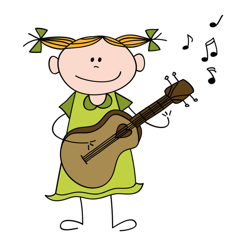 disegno colorato di bimba con codini che suona la chitarra