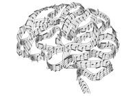 cervello disegno con rigo musicale e note