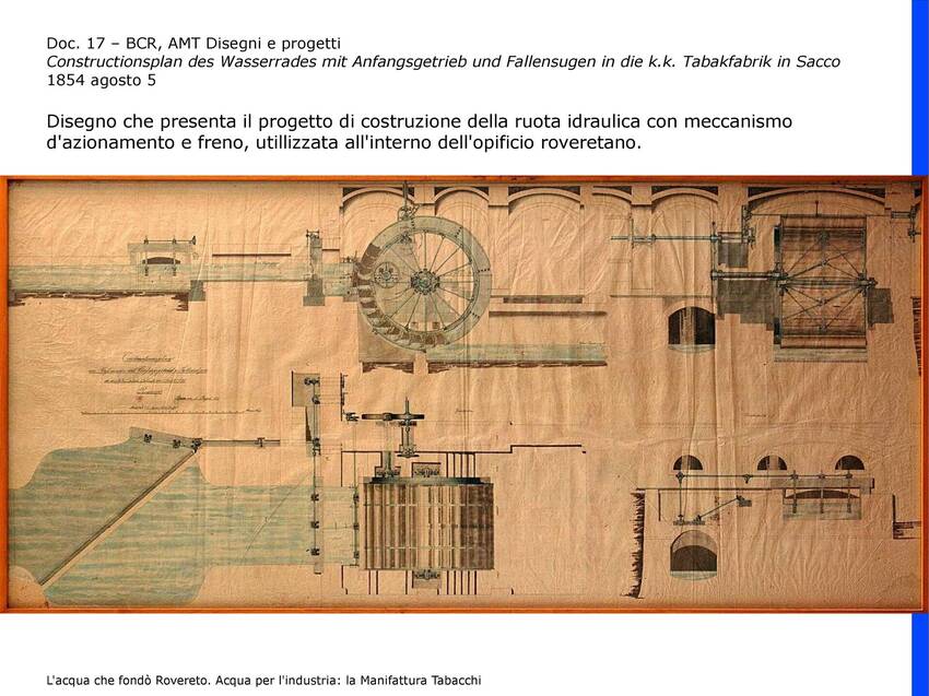 "Constructionsplan des Wasserrades mit Anfangsgetrieb und Fallensugen in die k.k. Tabakfabrik in Sacco", 1854 agosto 5 (BCR, AMT Disegni e progetti)
