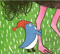 Disegno di un uccellino tra due enormi gambe di un tacchino