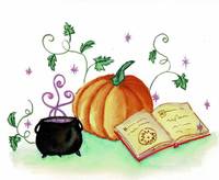 Disegno con zucca, libro e pentola