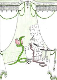 Illustrazione: signora che lavora a magli mentre un serpente verde le regge un libro. Dal libro "Crictor" di Tomi Ungerer