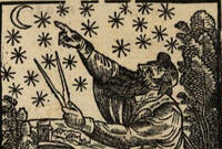 antica illustrazione di uomo che osserva le stelle e il cielo per prevedere il tempo