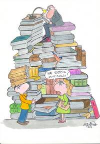 Vignetta di Pierpaolo Perazzolli, raffigurante una montagna di libri con davanti due bibliotecari che cercano il direttore dr. Baldi