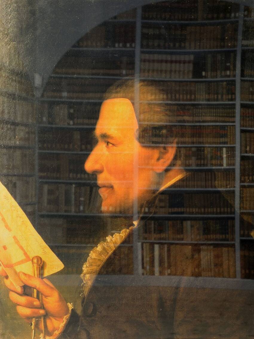 Ritratto di Ambrogio Rosmini in trasparenza su parete dei magazzini storici (Foto Florio Badocchi 2014)